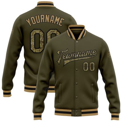 Personalized Olive Camo Black-Old Gold Bomber Full-Snap Varsity Letterman Salute To Service Jacket Team Custom Name and Number