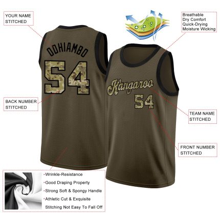 Personalized Olive Camo-Black Round Neck Rib-Knit Salute To Service Basketball Jersey Team Custom Name and Number