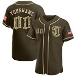 Personalized Olive Camo-City Cream Authentic American Flag Fashion Salute To Service Baseball Jersey