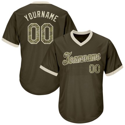 Personalized Olive Camo-Cream Authentic Throwback Rib-Knit Salute To Service Baseball Jersey Shirt Team Custom Name and Number