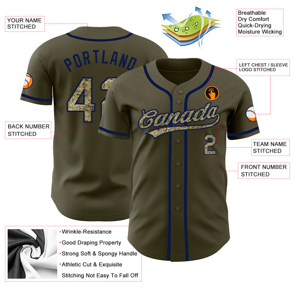 Personalized Olive Camo-Navy Authentic Salute To Service Baseball Jersey Team Custom Name and Number Personalized Olive Camo-Navy Authentic Salute To Service Baseball Jersey Team Custom Name and Number - Image 3