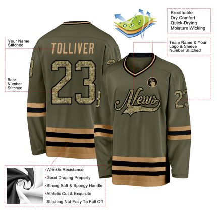 Personalized Olive Camo-Old Gold Salute To Service Hockey Jersey Team Custom Name and Number