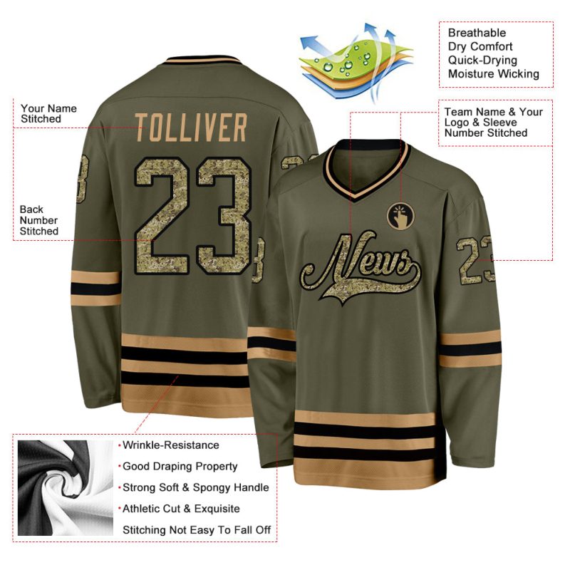 Personalized Olive Camo-Old Gold Salute To Service Hockey Jersey Team Custom Name and Number