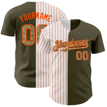 Personalized Olive Camo-Orange Pinstripe Authentic Split Fashion Salute To Service Baseball Jersey Team Custom Name and Number