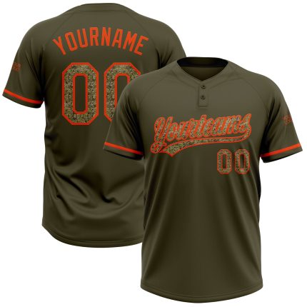 Personalized Olive Camo-Orange Salute To Service Two-Button Unisex Softball Jersey Team Custom Name and Number