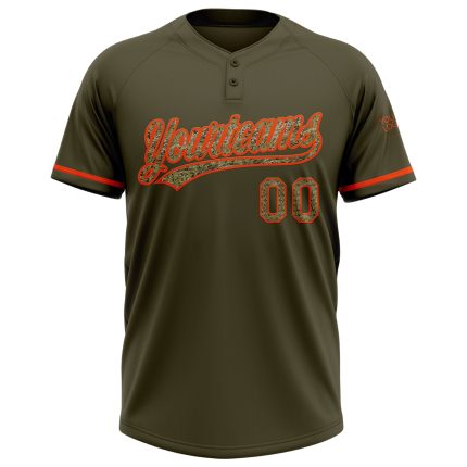 Personalized Olive Camo-Orange Salute To Service Two-Button Unisex Softball Jersey Team Custom Name and Number