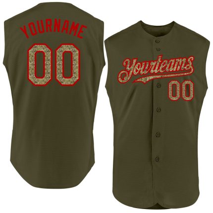 Personalized Olive Camo-Red Authentic Sleeveless Salute To Service Baseball Jersey Team Custom Name and Number