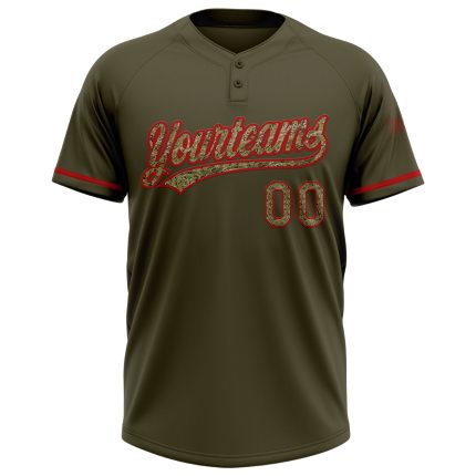 Personalized Olive Camo-Red Salute To Service Two-Button Unisex Softball Jersey Team Custom Name and Number