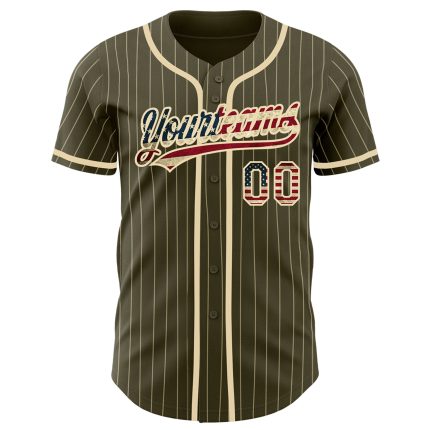 Personalized Olive City Cream Pinstripe Vintage USA Flag Authentic Salute To Service Baseball Jersey Team Custom Name and Number