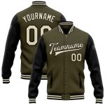 Personalized Olive Cream-Black Bomber Full-Snap Varsity Letterman Two Tone Salute To Service Jacket Team Custom Name and Number
