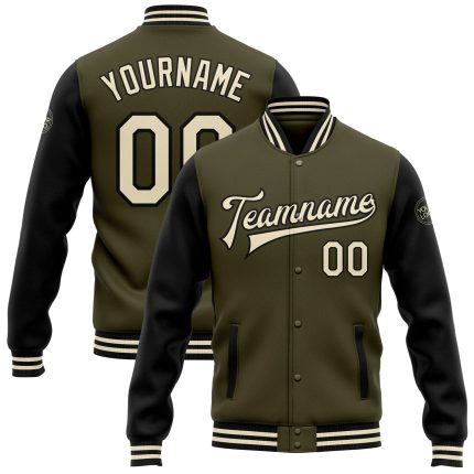 Personalized Olive Cream-Black Bomber Full-Snap Varsity Letterman Two Tone Salute To Service Jacket Team Custom Name and Number