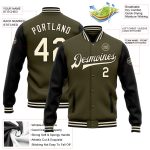 Personalized Olive Cream-Black Bomber Full-Snap Varsity Letterman Two Tone Salute To Service Jacket Team Custom Name and Number