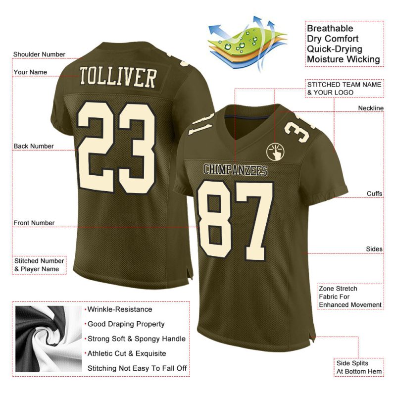 Personalized Olive Cream-Black Mesh Authentic Salute To Service Football Jersey Team Custom Name and Number