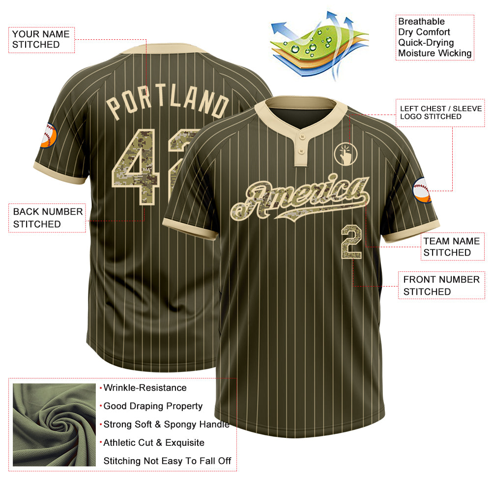 Personalized Olive Cream Pinstripe Camo Salute To Service Two-Button Unisex Softball Jersey Team Custom Name and Number Personalized Olive Cream Pinstripe Camo Salute To Service Two-Button Unisex Softball Jersey Team Custom Name and Number - Image 3
