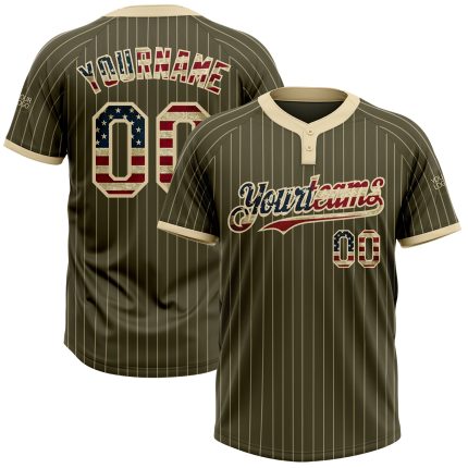 Personalized Olive Cream Pinstripe Vintage USA Flag Salute To Service Two-Button Unisex Softball Jersey Team Custom Name and Number