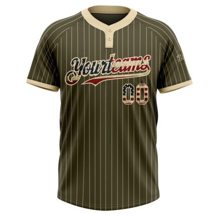 Personalized Olive Cream Pinstripe Vintage USA Flag Salute To Service Two-Button Unisex Softball Jersey Team Custom Name and Number