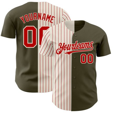 Personalized Olive Cream-Red Pinstripe Authentic Split Fashion Salute To Service Baseball Jersey Team Custom Name and Number