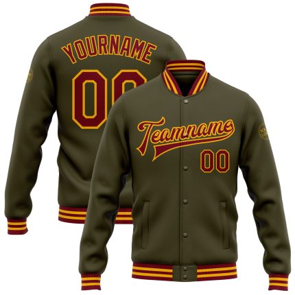Personalized Olive Crimson-Gold Bomber Full-Snap Varsity Letterman Salute To Service Jacket Team Custom Name and Number