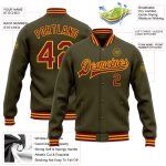 Personalized Olive Crimson-Gold Bomber Full-Snap Varsity Letterman Salute To Service Jacket Team Custom Name and Number