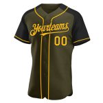 Personalized Olive Gold-Black Authentic Raglan Sleeves Salute To Service Baseball Jersey Team Custom Name and Number