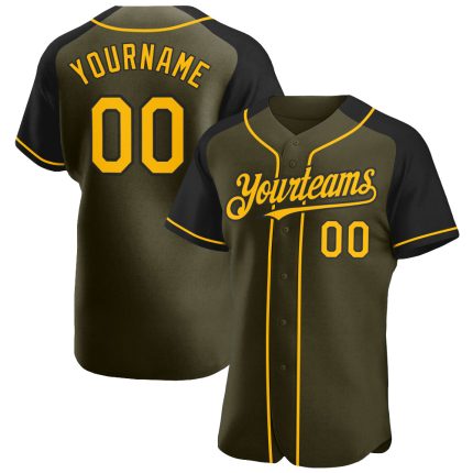 Personalized Olive Gold-Black Authentic Raglan Sleeves Salute To Service Baseball Jersey Team Custom Name and Number