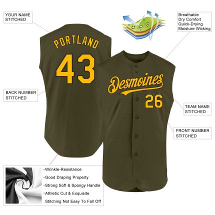 Personalized Olive Gold-Black Authentic Sleeveless Salute To Service Baseball Jersey Team Custom Name and Number