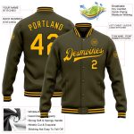 Personalized Olive Gold-Black Bomber Full-Snap Varsity Letterman Salute To Service Jacket Team Custom Name and Number