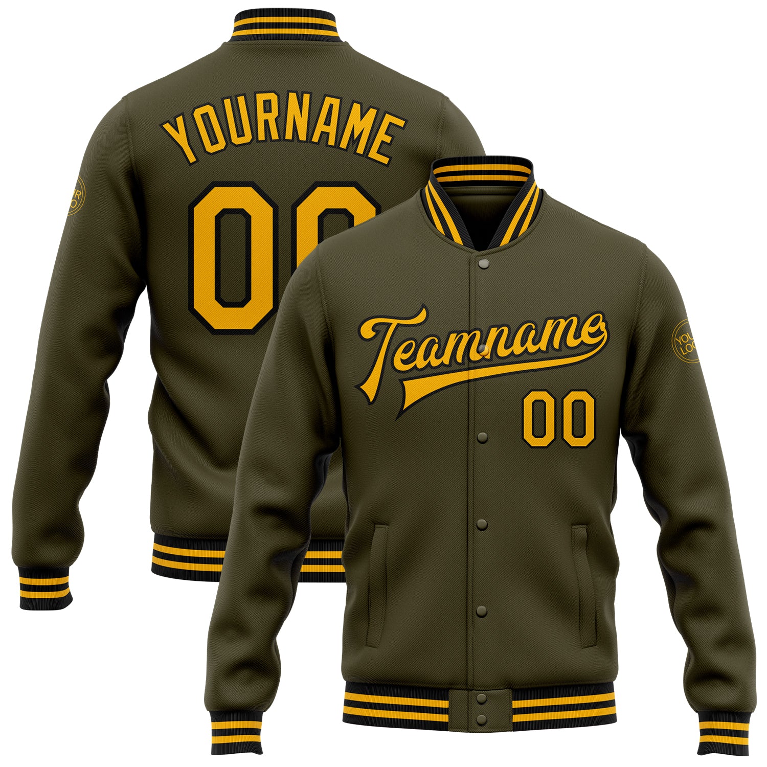 Personalized Olive Gold-Black Bomber Full-Snap Varsity Letterman Salute To Service Jacket Team Custom Name and Number