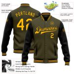 Personalized Olive Gold-Black Bomber Full-Snap Varsity Letterman Two Tone Salute To Service Jacket Team Custom Name and Number