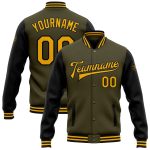Personalized Olive Gold-Black Bomber Full-Snap Varsity Letterman Two Tone Salute To Service Jacket Team Custom Name and Number