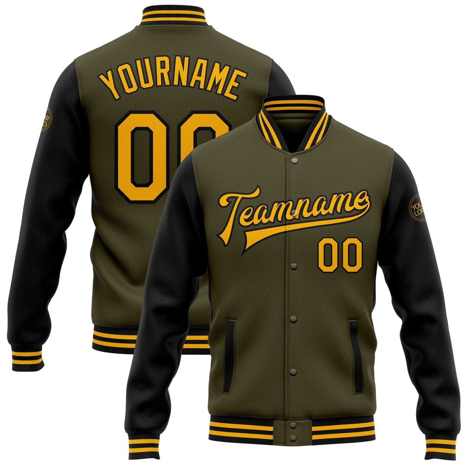 Personalized Olive Gold-Black Bomber Full-Snap Varsity Letterman Two Tone Salute To Service Jacket Team Custom Name and Number