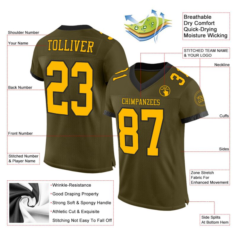 Personalized Olive Gold-Black Mesh Authentic Salute To Service Football Jersey Team Custom Name and Number