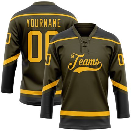 Personalized Olive Gold-Black Salute To Service Hockey Lace Neck Jersey Team Custom Name and Number