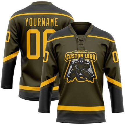 Personalized Olive Gold-Black Salute To Service Hockey Lace Neck Jersey Team Custom Name and Number