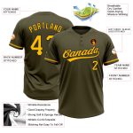 Personalized Olive Gold-Black Salute To Service Two-Button Unisex Softball Jersey