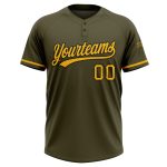 Personalized Olive Gold-Black Salute To Service Two-Button Unisex Softball Jersey