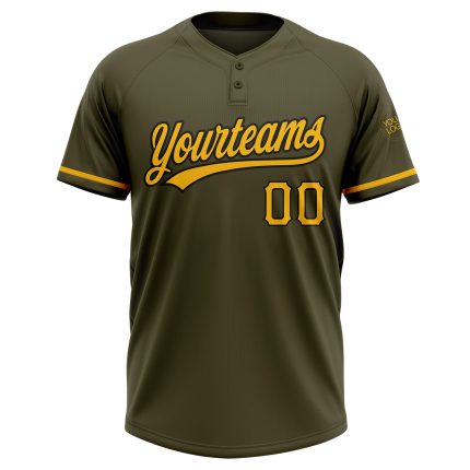 Personalized Olive Gold-Black Salute To Service Two-Button Unisex Softball Jersey
