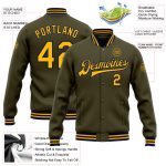 Personalized Olive Gold-Navy Bomber Full-Snap Varsity Letterman Salute To Service Jacket Team Custom Name and Number