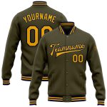Personalized Olive Gold-Navy Bomber Full-Snap Varsity Letterman Salute To Service Jacket Team Custom Name and Number