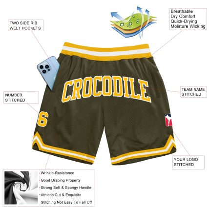 Personalized Olive Gold-White Authentic Throwback Salute To Service Basketball Shorts Team Custom Name and Number