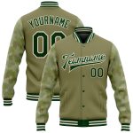 Personalized Olive Green-Cream Camo Sleeves 3D Pattern Design Bomber Full-Snap Varsity Letterman Salute To Service Jacket Team Custom Name and Number