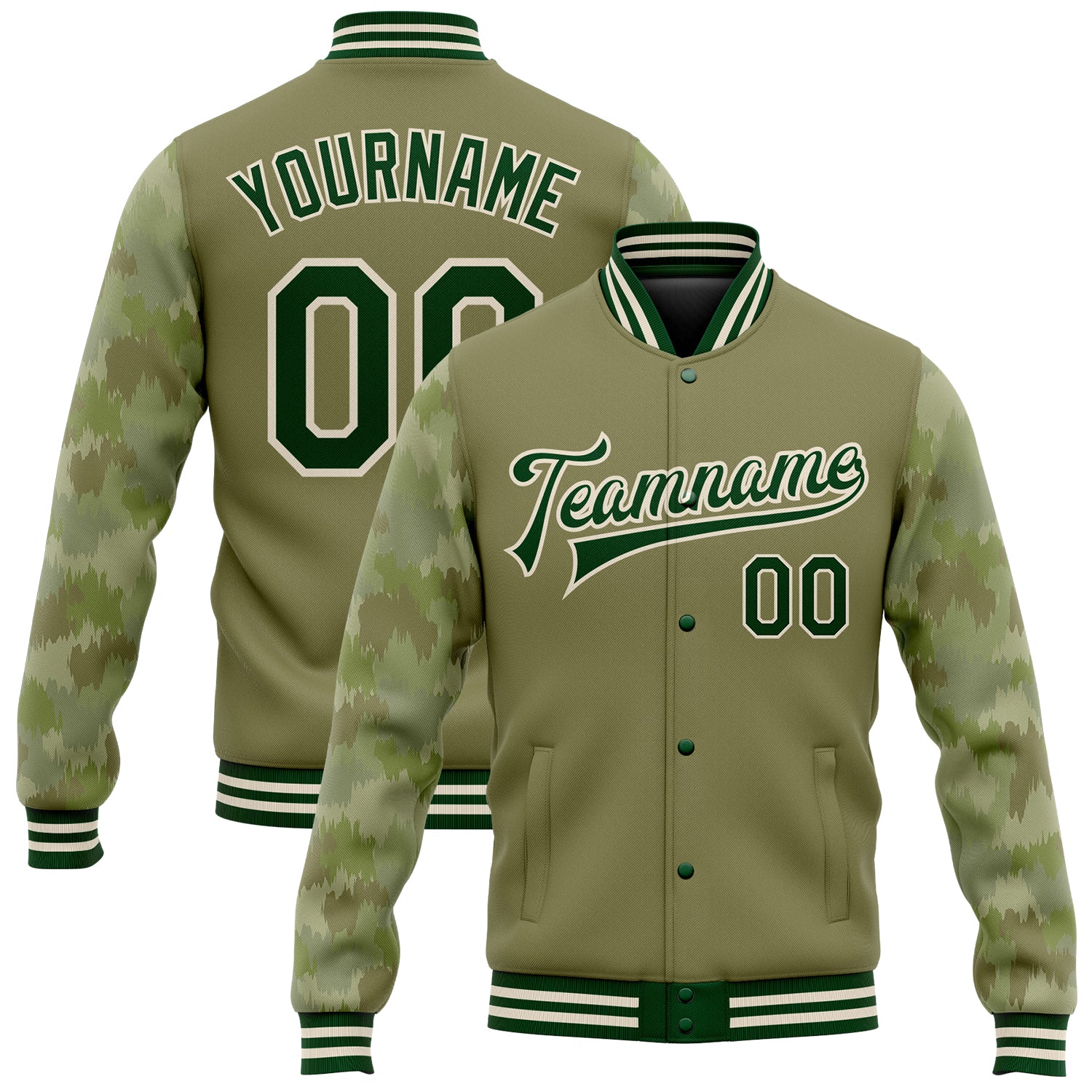 Personalized Olive Green-Cream Camo Sleeves 3D Pattern Design Bomber Full-Snap Varsity Letterman Salute To Service Jacket Team Custom Name and Number