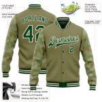 Personalized Olive Green-Cream Camo Sleeves 3D Pattern Design Bomber Full-Snap Varsity Letterman Salute To Service Jacket Team Custom Name and Number