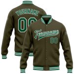 Personalized Olive Kelly Green-White Bomber Full-Snap Varsity Letterman Salute To Service Jacket Team Custom Name and Number