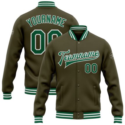 Personalized Olive Kelly Green-White Bomber Full-Snap Varsity Letterman Salute To Service Jacket Team Custom Name and Number