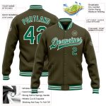Personalized Olive Kelly Green-White Bomber Full-Snap Varsity Letterman Salute To Service Jacket Team Custom Name and Number