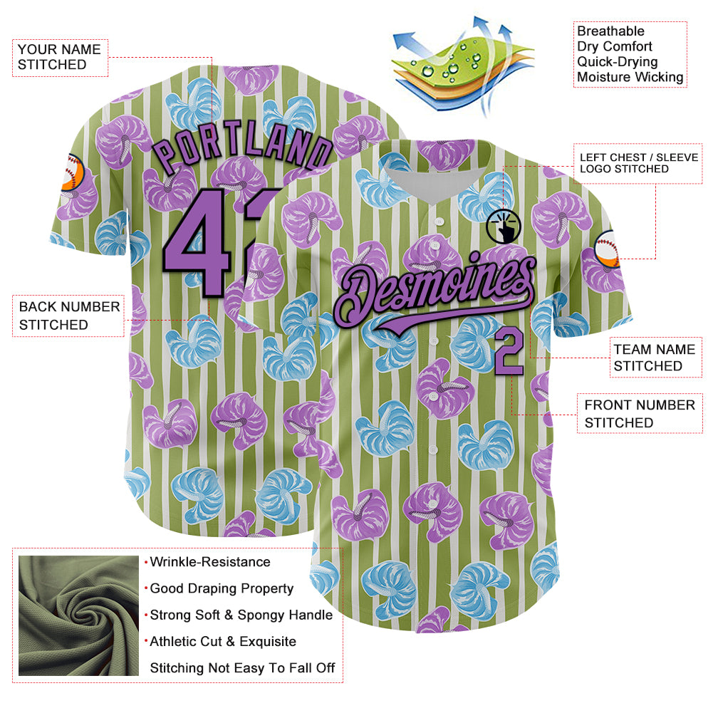 Personalized Olive Medium Purple-Black 3D Pattern Design Tropical Anthurium Flower Authentic Baseball Jersey Team Custom Name and Number Personalized Olive Medium Purple-Black 3D Pattern Design Tropical Anthurium Flower Authentic Baseball Jersey Team Custom Name and Number - Image 3