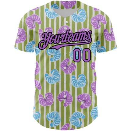 Personalized Olive Medium Purple-Black 3D Pattern Design Tropical Anthurium Flower Authentic Baseball Jersey Team Custom Name and Number
