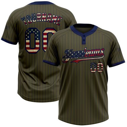 Personalized Olive Navy Pinstripe Vintage USA Flag Salute To Service Two-Button Unisex Softball Jersey Team Custom Name and Number