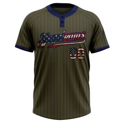 Personalized Olive Navy Pinstripe Vintage USA Flag Salute To Service Two-Button Unisex Softball Jersey Team Custom Name and Number